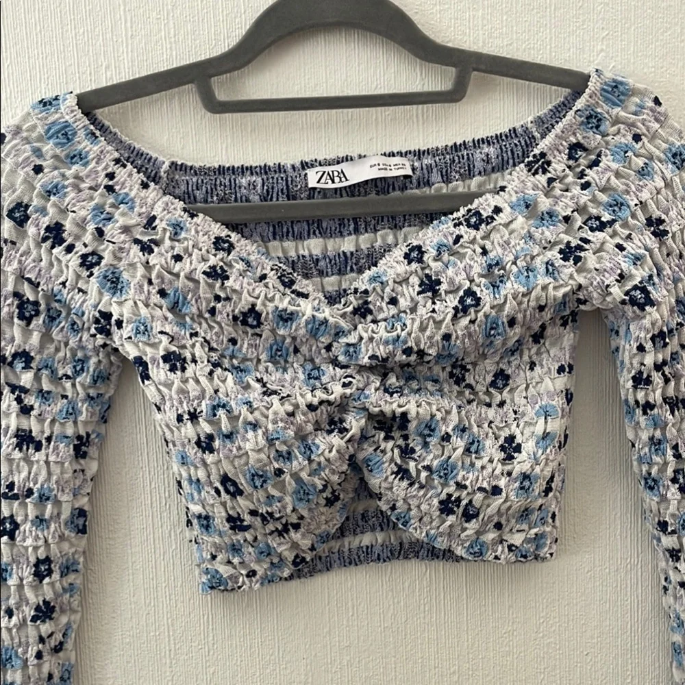 Zara White and Blue Smocked Crop Blouse